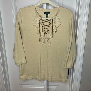 Lauren Jeans Co Ralph Lauren Cream Lace-Up Ruffle Top 1X Boho Peasant Blouse